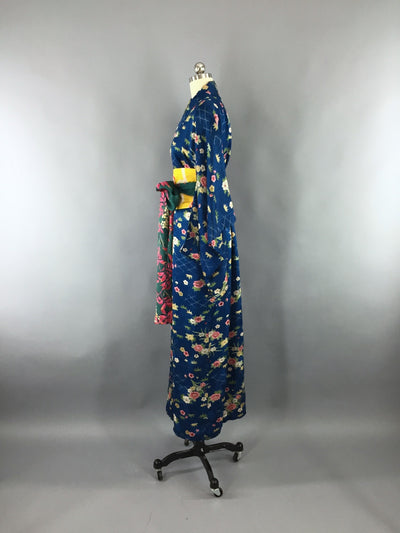 1950s Vintage Silk Kimono Robe / Blue Satin Floral Print - ThisBlueBird