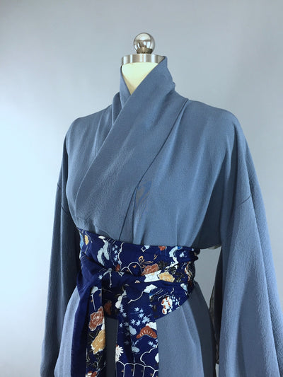 1950s Vintage Silk Kimono Robe / Blue Silk Crepe - ThisBlueBird