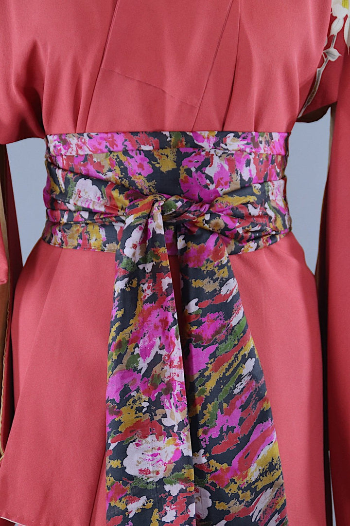 1950s Vintage Silk Kimono Robe / Brick Red Dogwood Floral Print - ThisBlueBird
