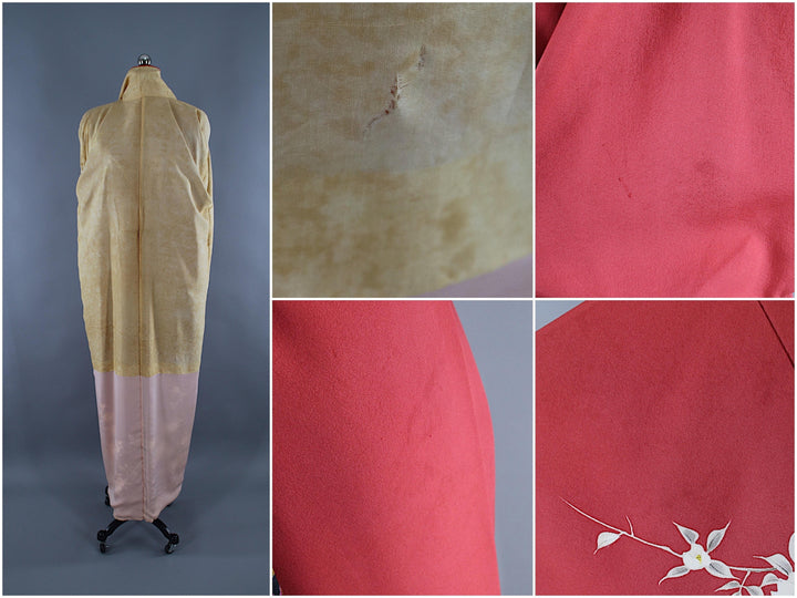 1950s Vintage Silk Kimono Robe / Brick Red Dogwood Floral Print - ThisBlueBird