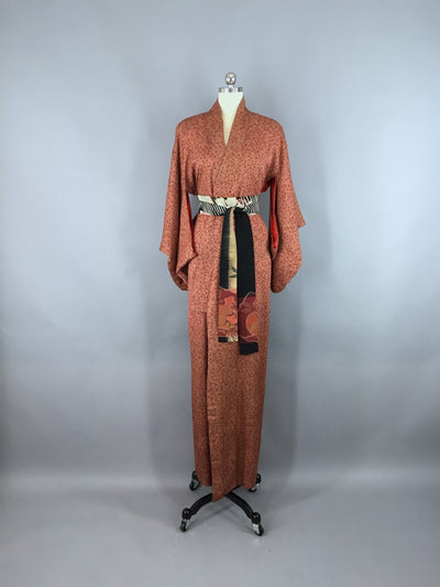 1950s Vintage Silk Kimono Robe / Brown Floral Print - ThisBlueBird