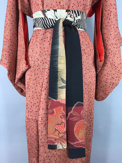 1950s Vintage Silk Kimono Robe / Brown Floral Print - ThisBlueBird