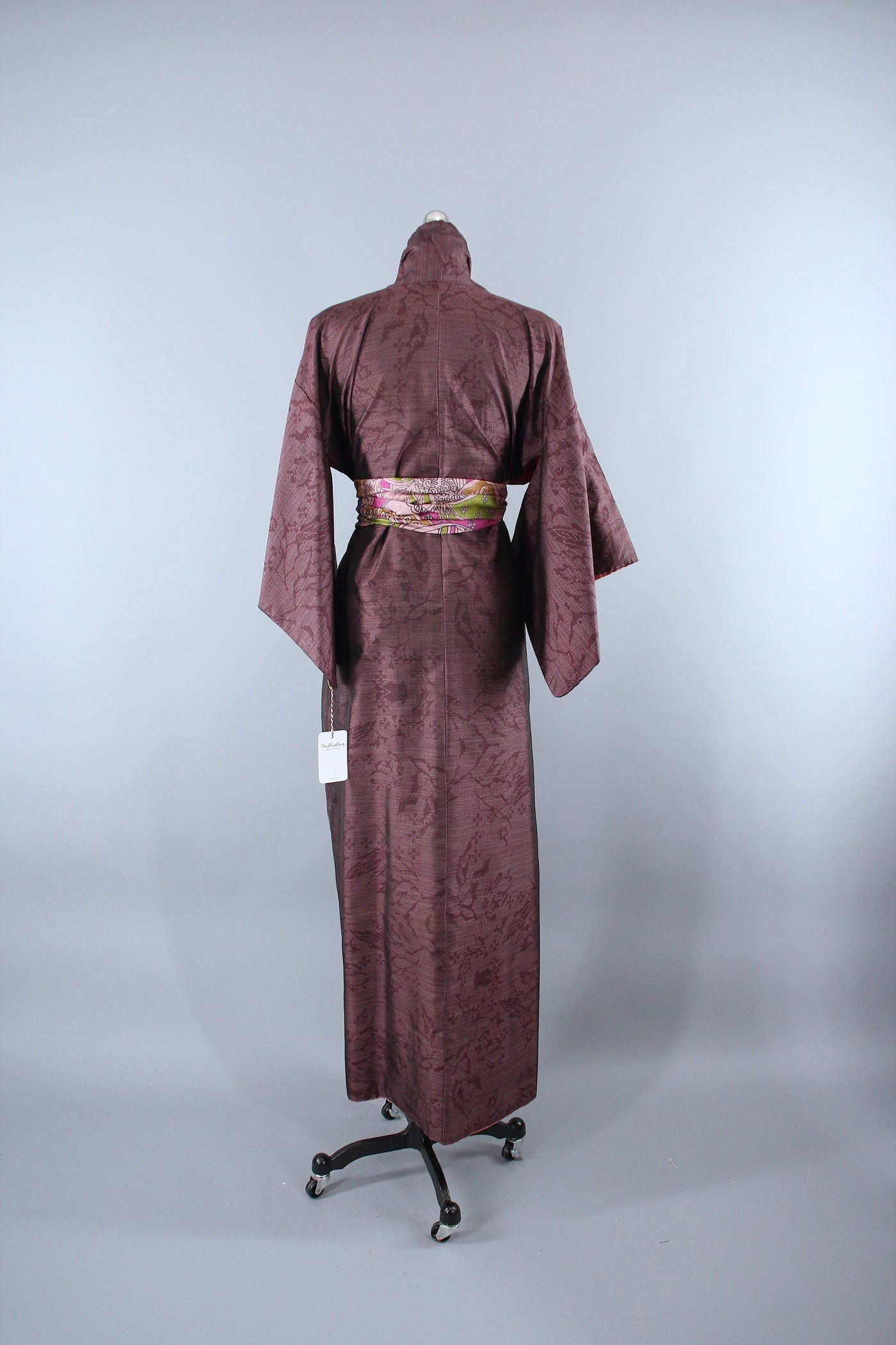 1950s Vintage Silk Kimono Robe / Dark Purple & White - ThisBlueBird