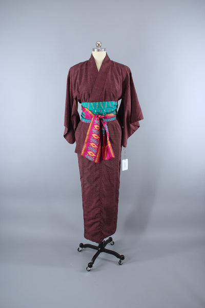1950s Vintage Silk Kimono Robe / Dark Red & White - ThisBlueBird