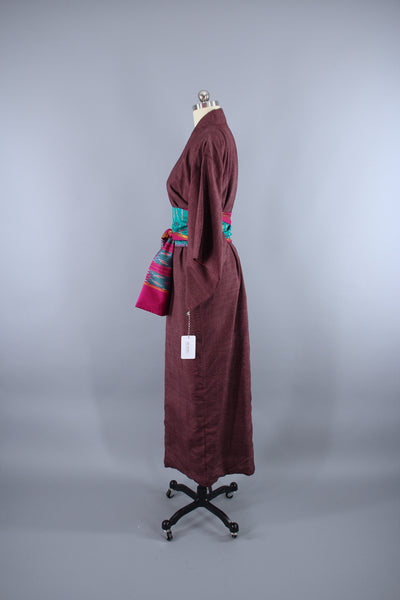1950s Vintage Silk Kimono Robe / Dark Red & White - ThisBlueBird
