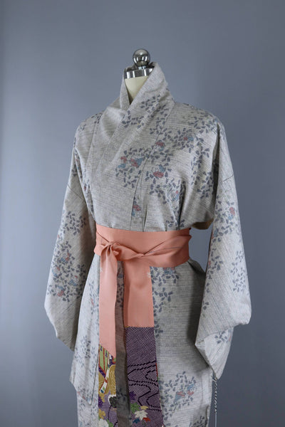 1950s Vintage Silk Kimono Robe / Dove Grey Ikat Raw Silk - ThisBlueBird