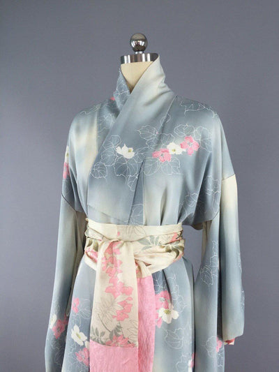 1950s Vintage Silk Kimono Robe / Dove Grey & Pink Floral Print - ThisBlueBird
