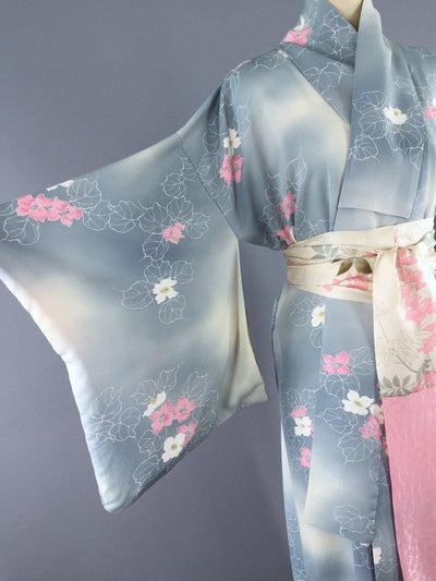 1950s Vintage Silk Kimono Robe / Dove Grey & Pink Floral Print - ThisBlueBird