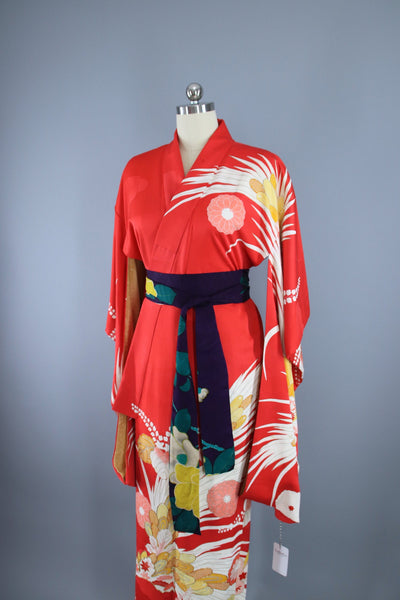 1950s Vintage Silk Kimono Robe Furisode / Dark Coral Orange & Gold Floral - ThisBlueBird