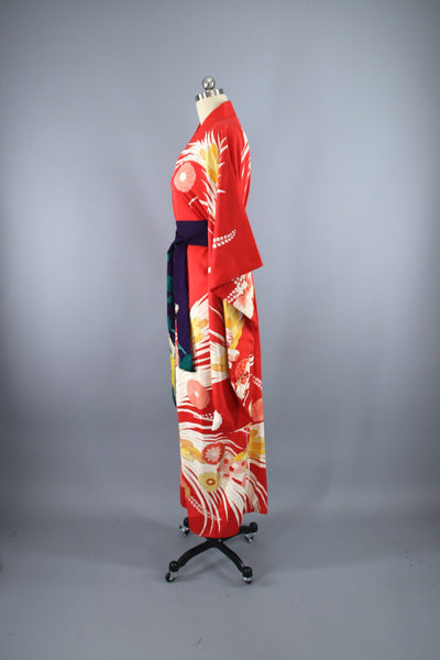 1950s Vintage Silk Kimono Robe Furisode / Dark Coral Orange & Gold Floral - ThisBlueBird