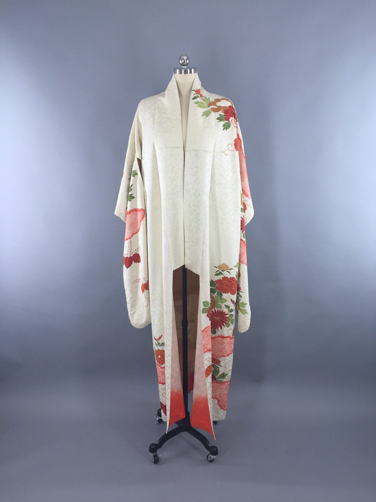 1950s Vintage Silk Kimono Robe Furisode / Ivory Birds Shibori Floral - ThisBlueBird