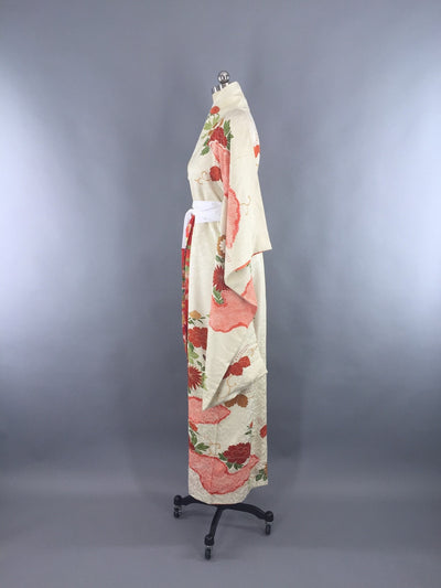 1950s Vintage Silk Kimono Robe Furisode / Ivory Birds Shibori Floral - ThisBlueBird