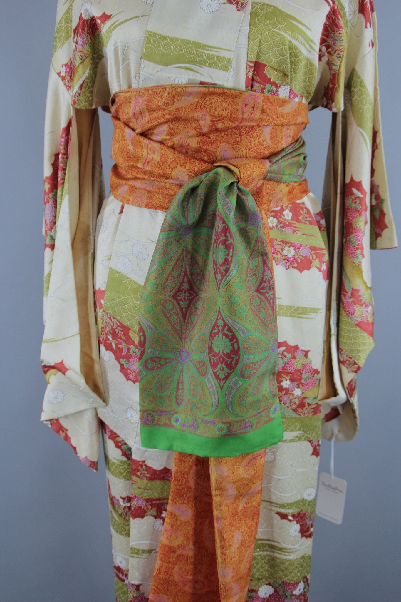 1950s Vintage Silk Kimono Robe Furisode with Ivory Floral Print - ThisBlueBird