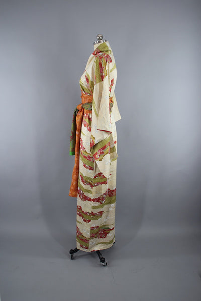 1950s Vintage Silk Kimono Robe Furisode with Ivory Floral Print - ThisBlueBird