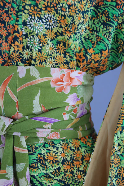 1950s Vintage Silk Kimono Robe / Green Floral Print - ThisBlueBird