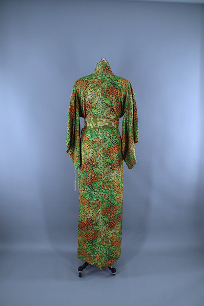 1950s Vintage Silk Kimono Robe / Green Floral Print - ThisBlueBird