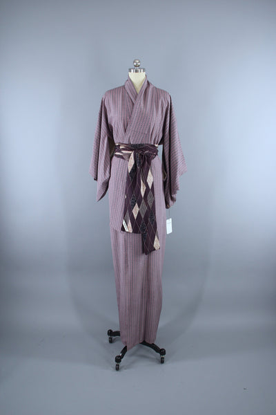 1950s Vintage Silk Kimono Robe / Grey Purple Geometric Print - ThisBlueBird