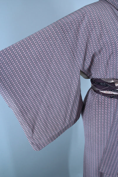 1950s Vintage Silk Kimono Robe / Grey Purple Geometric Print - ThisBlueBird