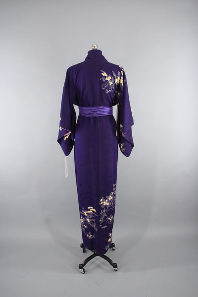 1950s Vintage Silk Kimono Robe in Dark Purple Floral Print - ThisBlueBird