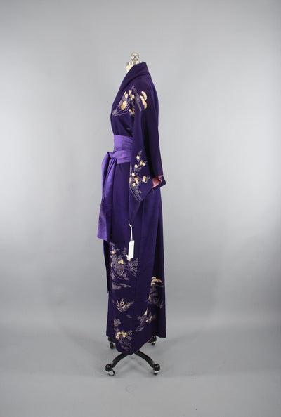 1950s Vintage Silk Kimono Robe in Dark Purple Floral Print - ThisBlueBird