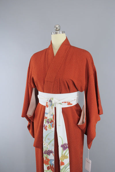 1950s Vintage Silk Kimono Robe in Dark Rust Orange and Black Tiny Dots - ThisBlueBird