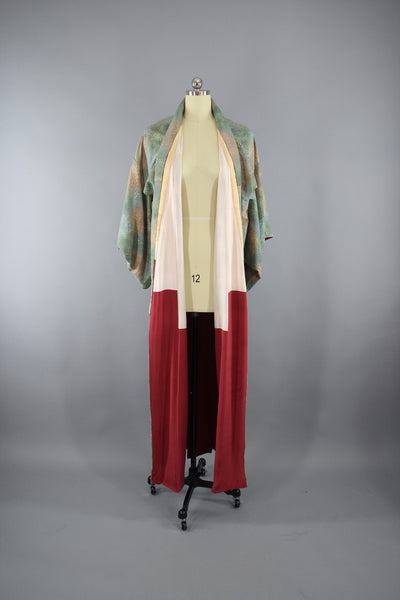1950s Vintage Silk Kimono Robe in Green Ombre Damask - ThisBlueBird