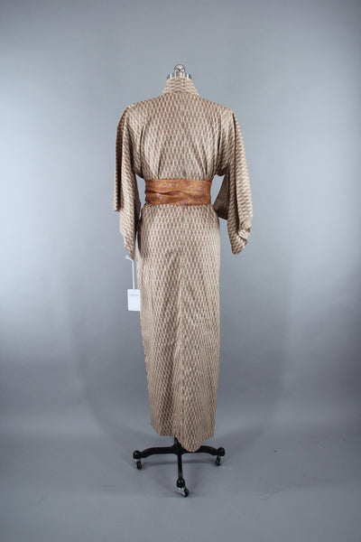 1950s Vintage Silk Kimono Robe in Ivory with Red and Brown Ikat Pattern - ThisBlueBird