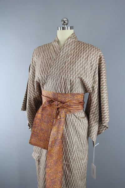 1950s Vintage Silk Kimono Robe in Ivory with Red and Brown Ikat Pattern - ThisBlueBird