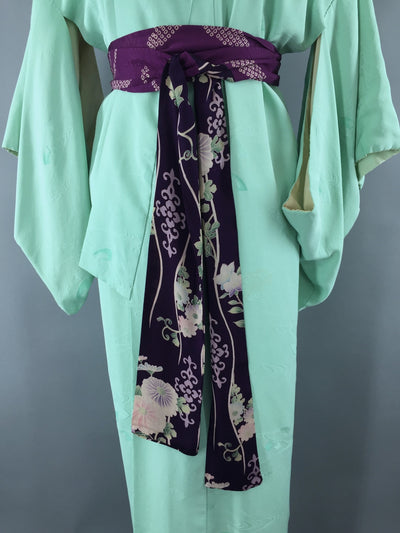 1950s Vintage Silk Kimono Robe in Mint Green - ThisBlueBird