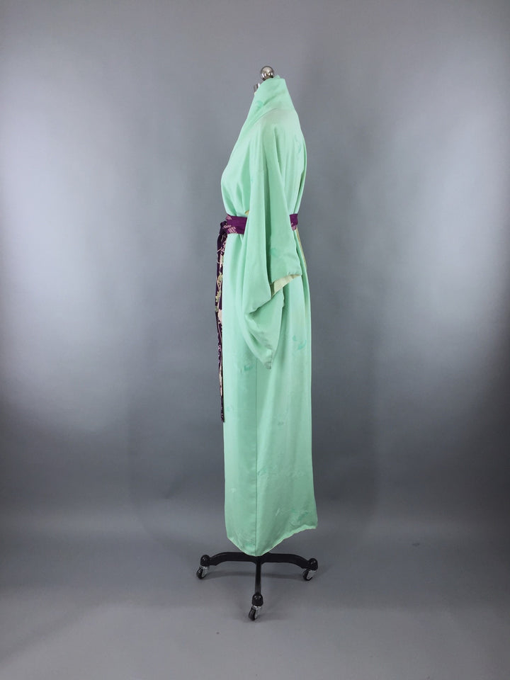1950s Vintage Silk Kimono Robe in Mint Green - ThisBlueBird
