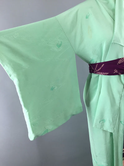 1950s Vintage Silk Kimono Robe in Mint Green - ThisBlueBird