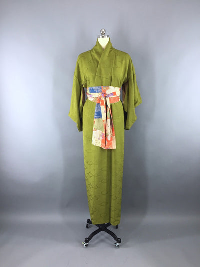 1950s Vintage Silk Kimono Robe in Olive Army Green - ThisBlueBird
