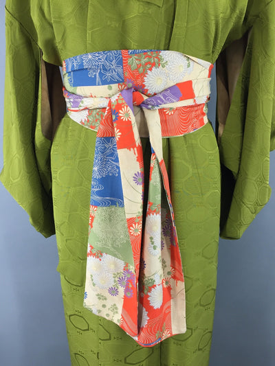1950s Vintage Silk Kimono Robe in Olive Army Green - ThisBlueBird