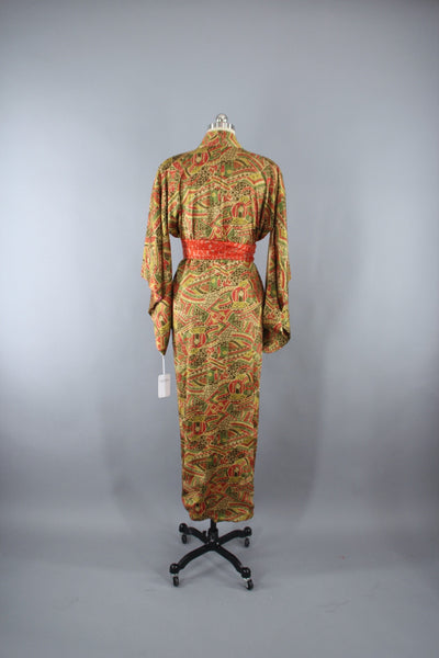 1950s Vintage Silk Kimono Robe in Orange and Brown Abstract Print - ThisBlueBird