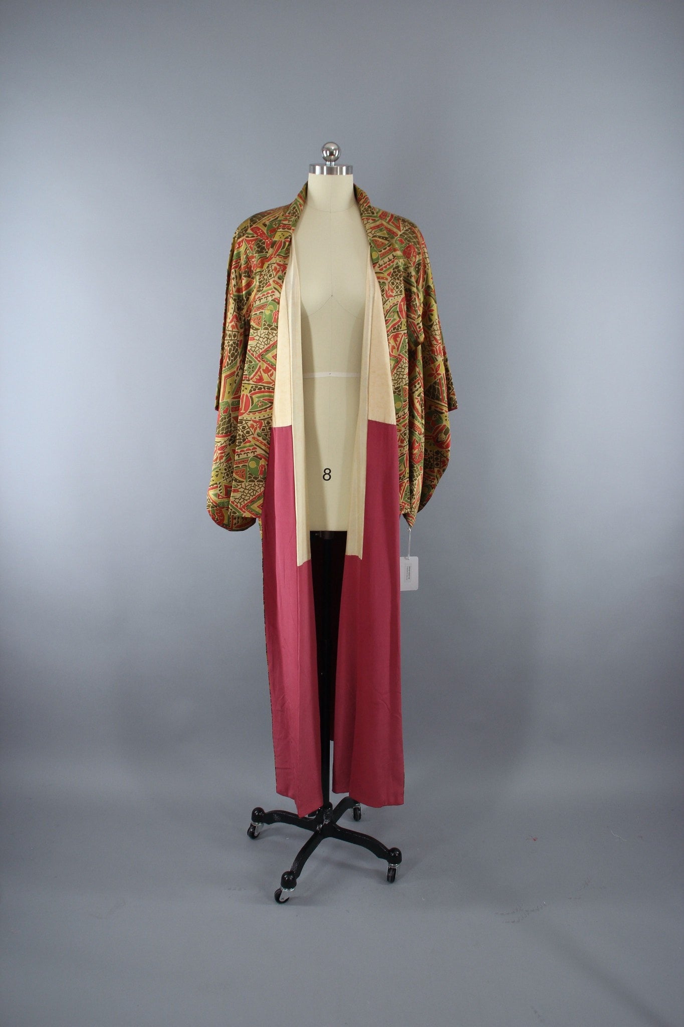 1950s Vintage Silk Kimono Robe in Orange and Brown Abstract Print - ThisBlueBird