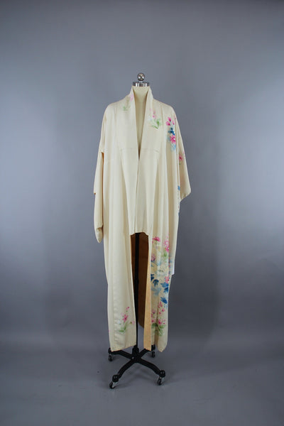 1950s Vintage Silk Kimono Robe / Ivory Floral Print - ThisBlueBird