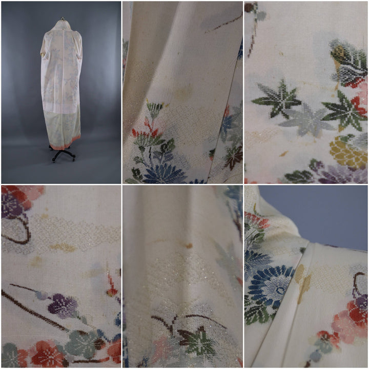 1950s Vintage Silk Kimono Robe / Ivory Metalic Floral OMESHI URUSHI Embroidery - ThisBlueBird