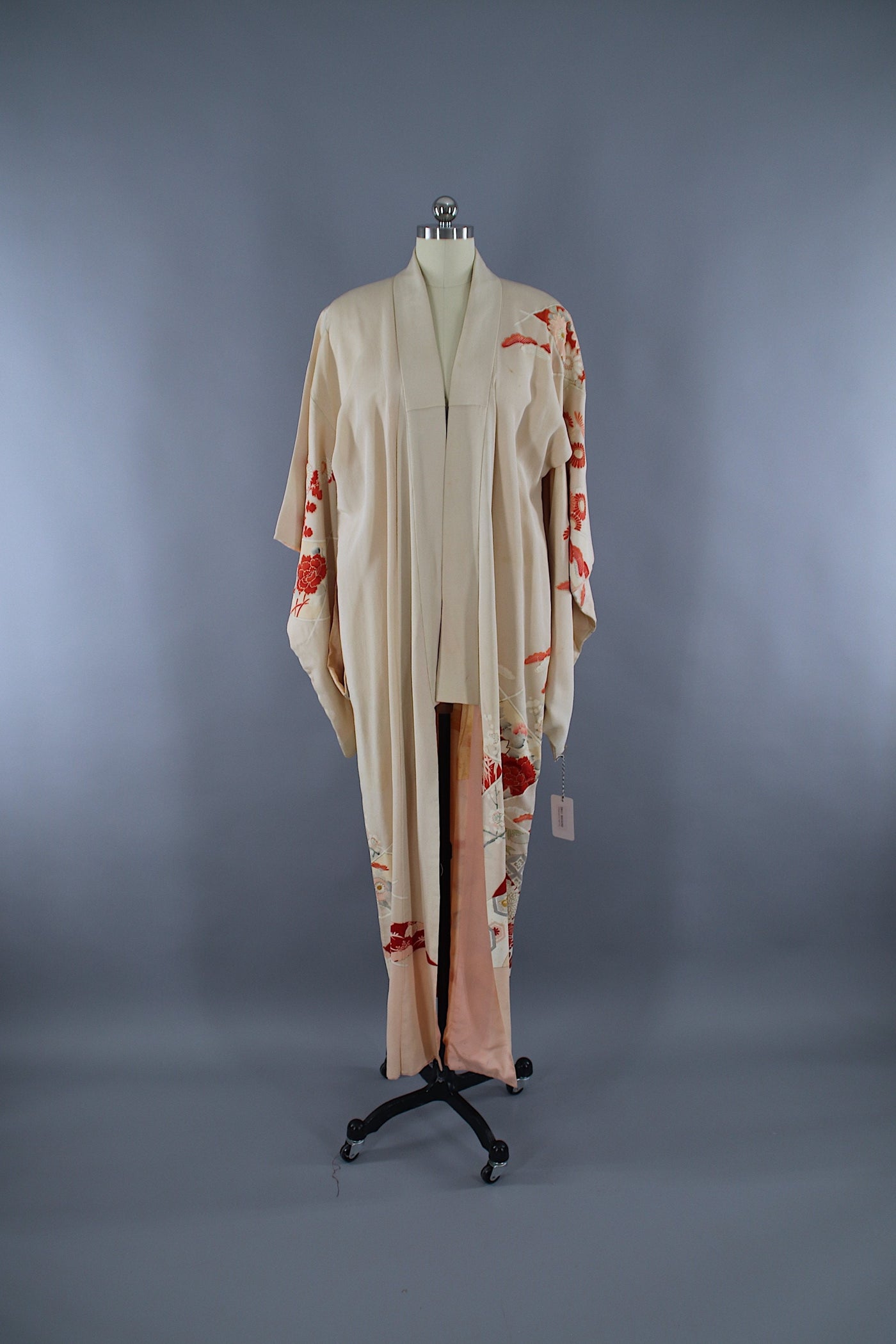 1950s Vintage Silk Kimono Robe / Ivory Orange Floral - ThisBlueBird