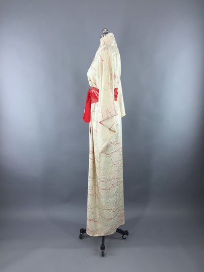 1950s Vintage Silk Kimono Robe / Ivory Shibori Clouds - ThisBlueBird