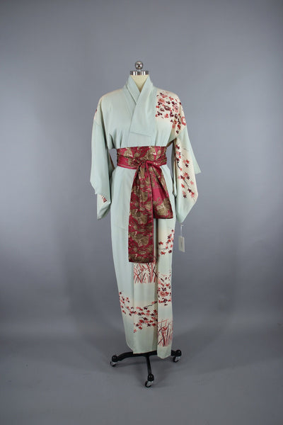 1950s Vintage Silk Kimono Robe / Light Blue & Red Floral Print - ThisBlueBird