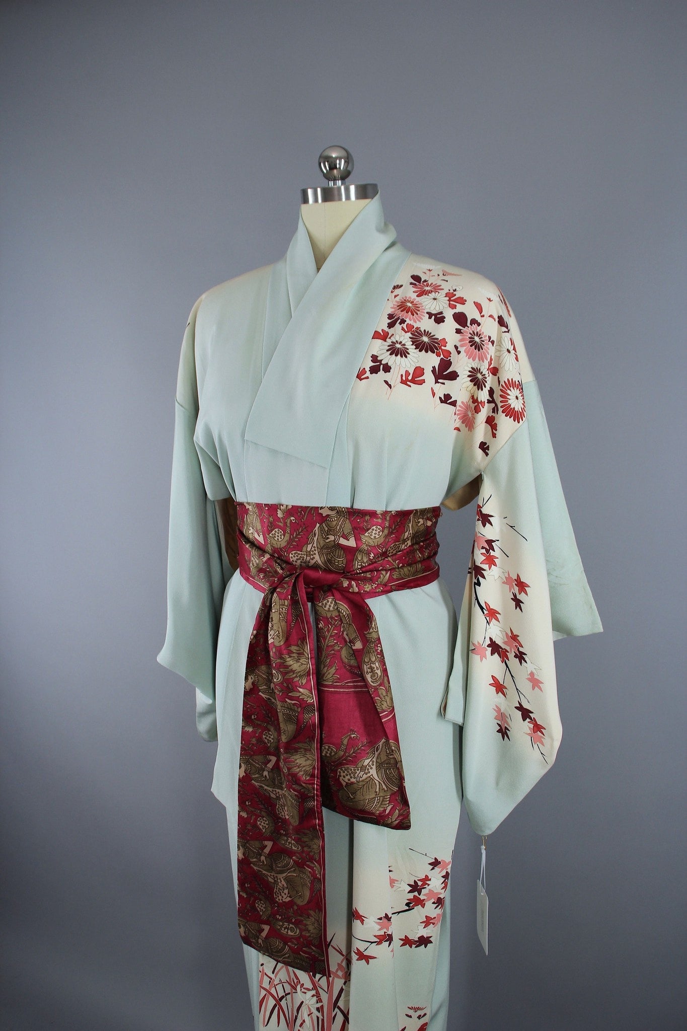 1950s Vintage Silk Kimono Robe / Light Blue & Red Floral Print - ThisBlueBird