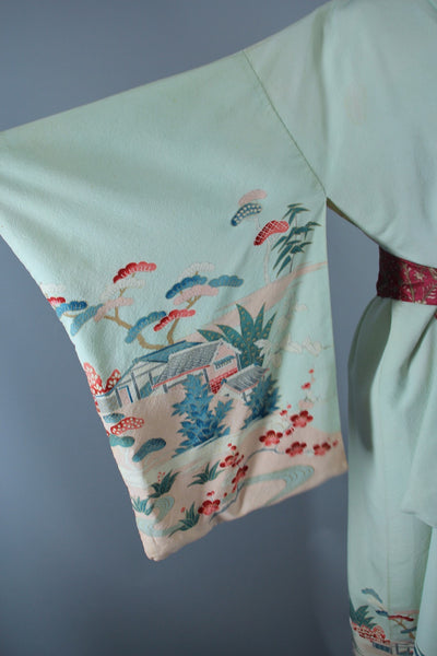 1950s Vintage Silk Kimono Robe / Mint Green & Floral Print - ThisBlueBird