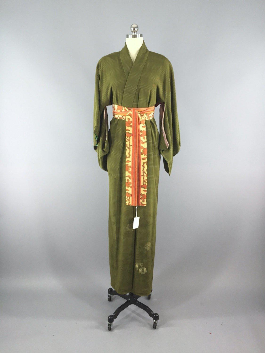 1950s Vintage Silk Kimono Robe / Olive Green - ThisBlueBird
