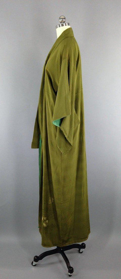 1950s Vintage Silk Kimono Robe / Olive Green - ThisBlueBird
