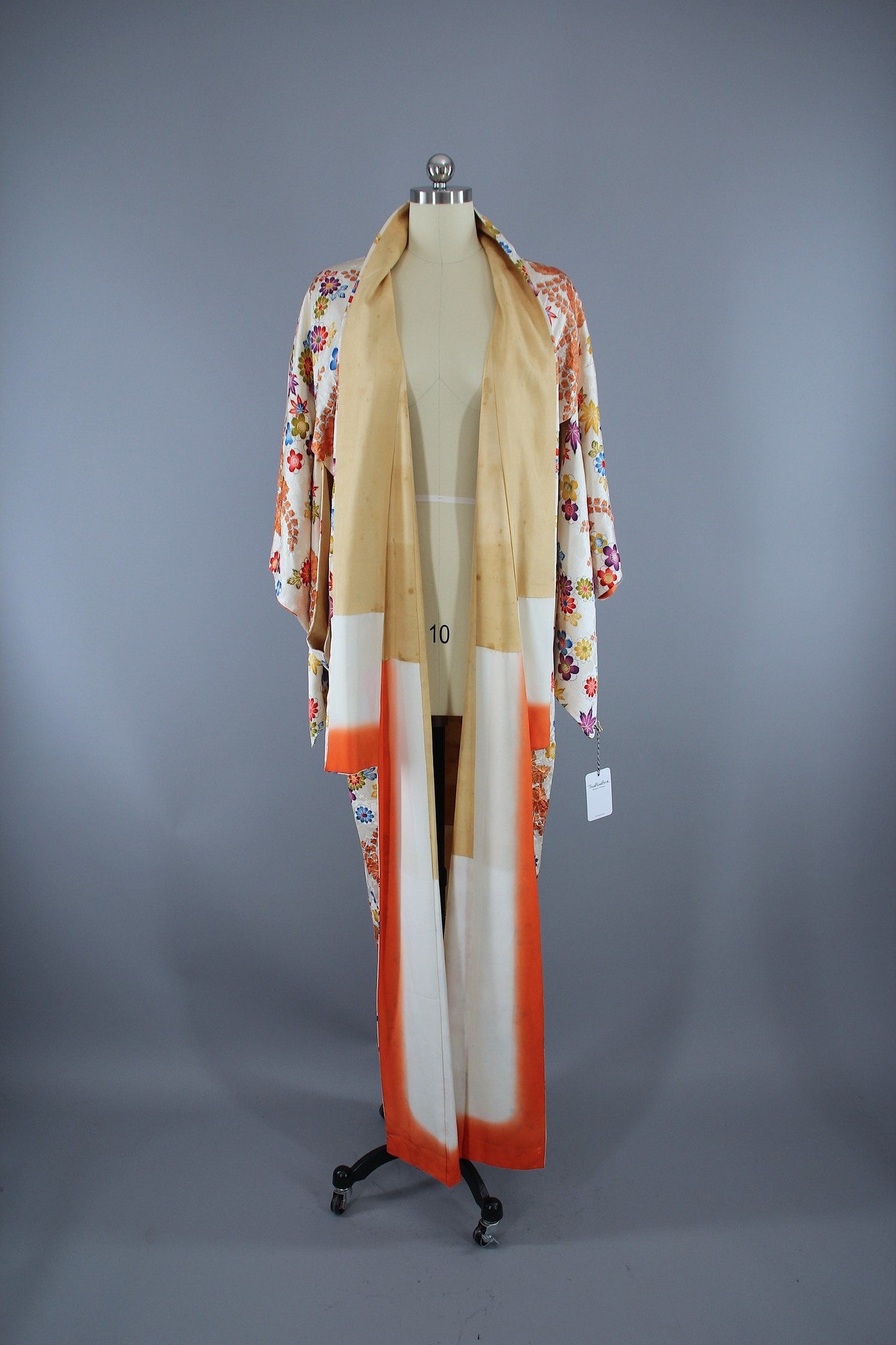 1950s Vintage Silk Kimono Robe / Orange & White Shibori Floral - ThisBlueBird