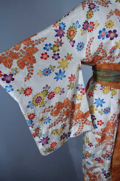 1950s Vintage Silk Kimono Robe / Orange & White Shibori Floral - ThisBlueBird