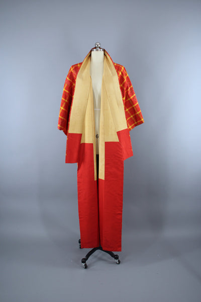 1950s Vintage Silk Kimono Robe / Orange & Yellow Plaid - ThisBlueBird
