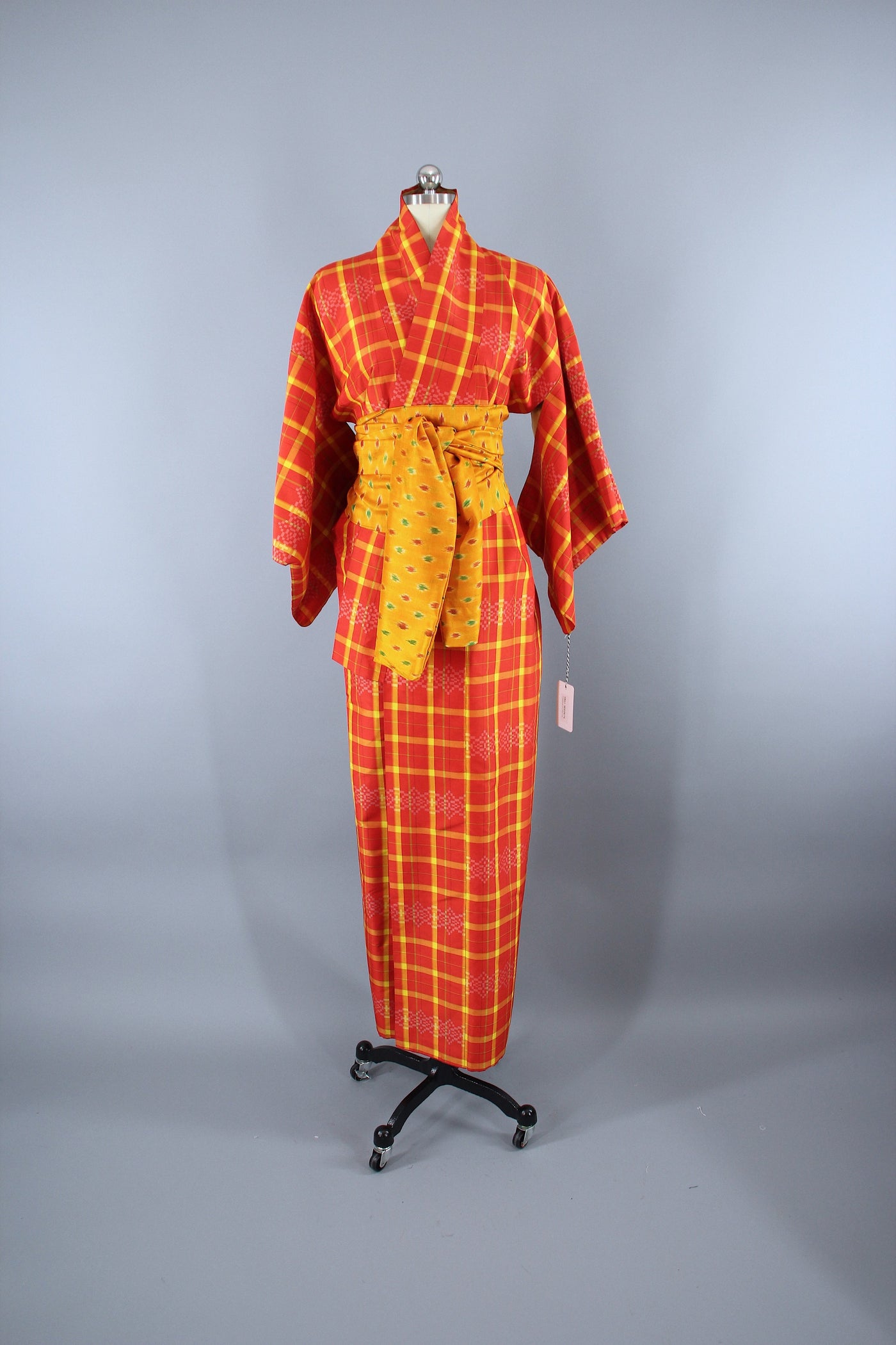 1950s Vintage Silk Kimono Robe / Orange & Yellow Plaid - ThisBlueBird