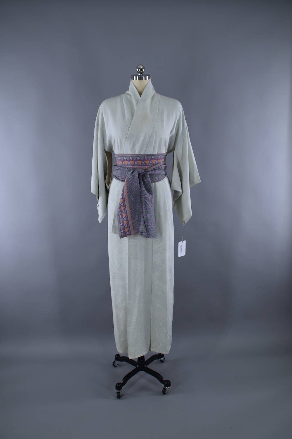 1950s Vintage Silk Kimono Robe / Pale Ice Blue Moire - ThisBlueBird