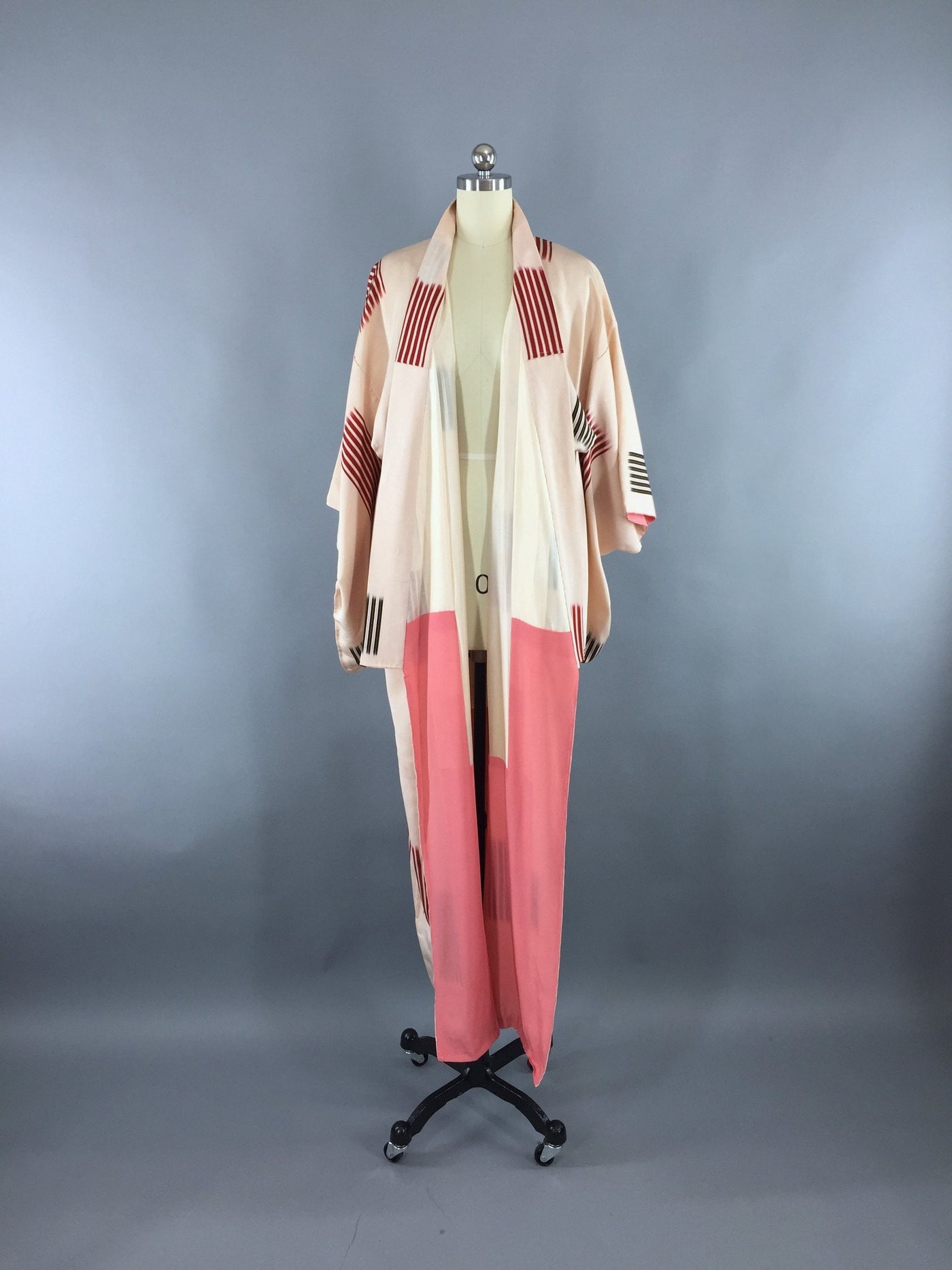 1950s Vintage Silk Kimono Robe / Peach Red Abstract Stripes - ThisBlueBird